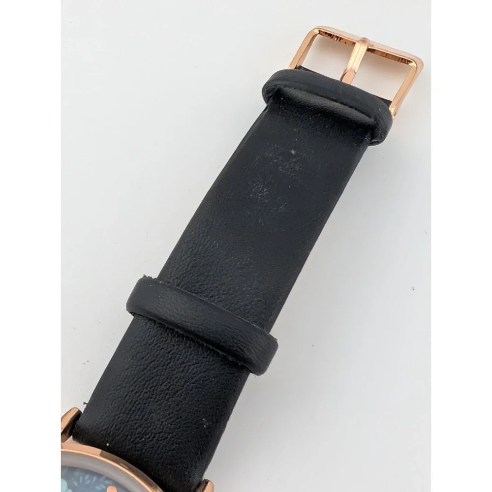 Women's‎ Floral Dial Watch 36mm Rose Gold Case Black Faux Leather Band- Working